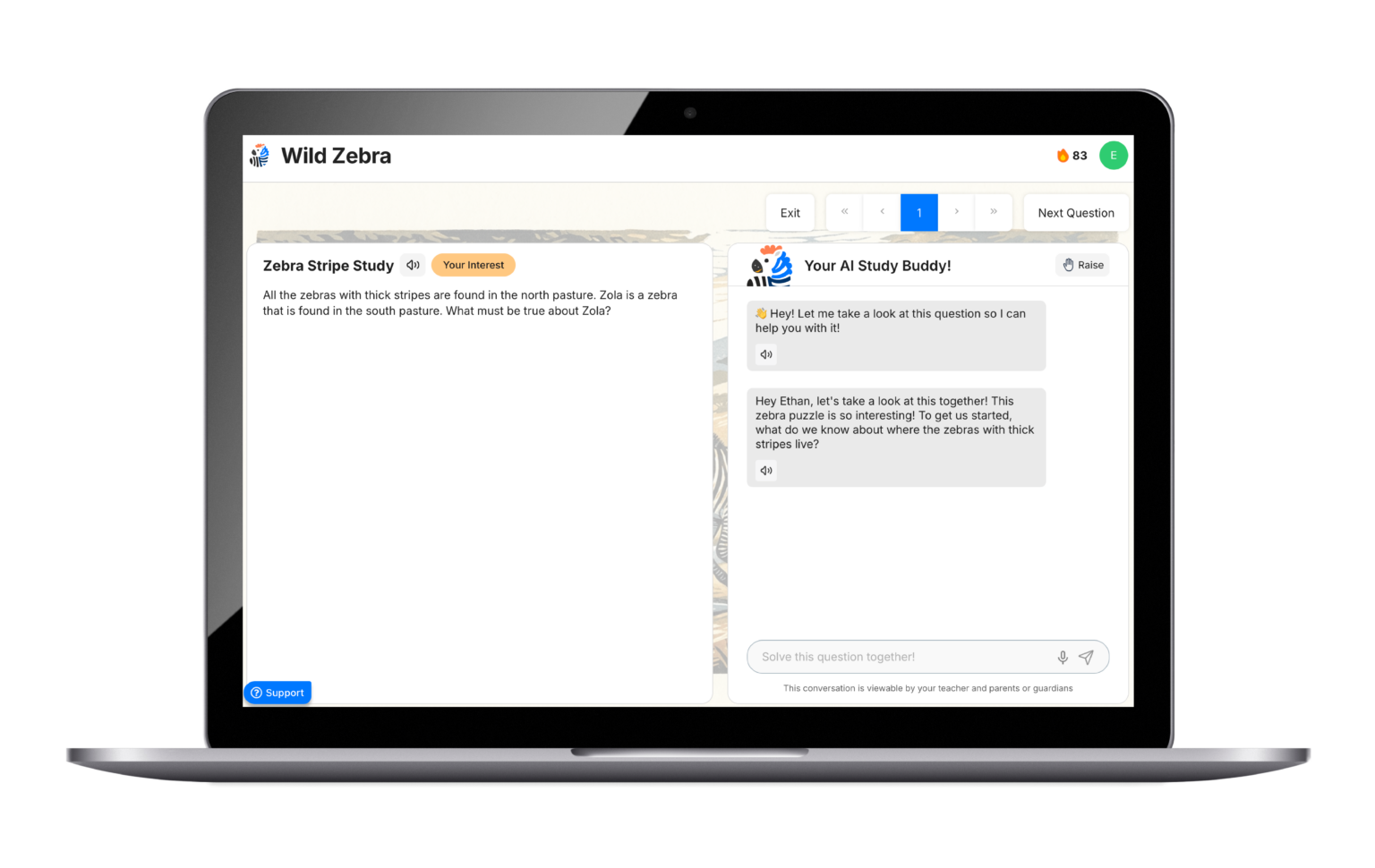 The Wild Zebra student practice AI buddy.